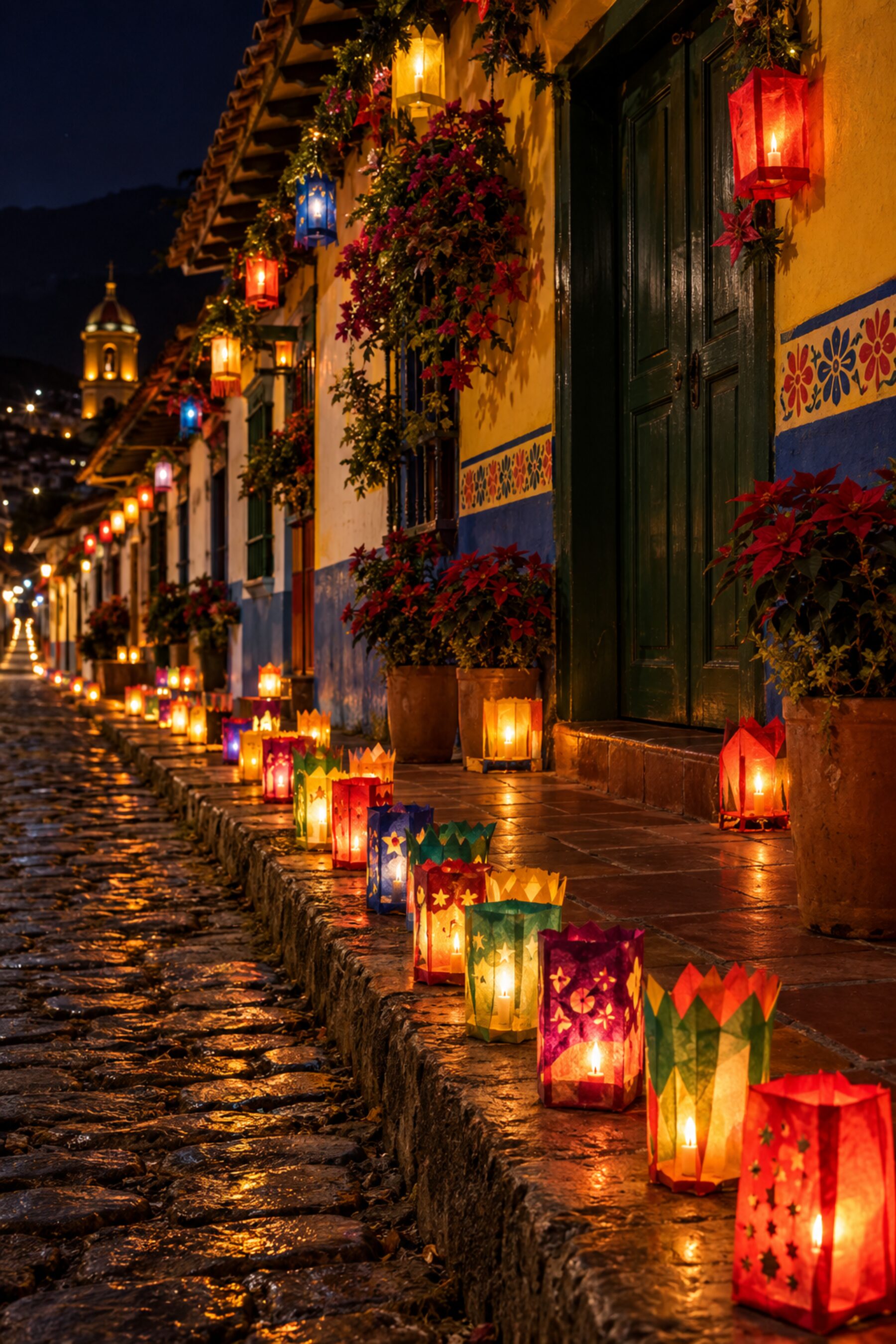Calle colonial iluminada con velitas y farolitos el 7 de diciembre